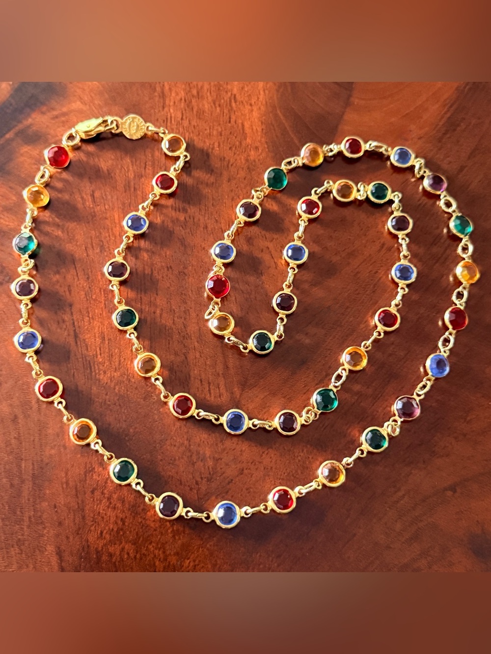 Vintage Austrian Crystal Multicolor Station Necklace; Gold Tone; Made in USA